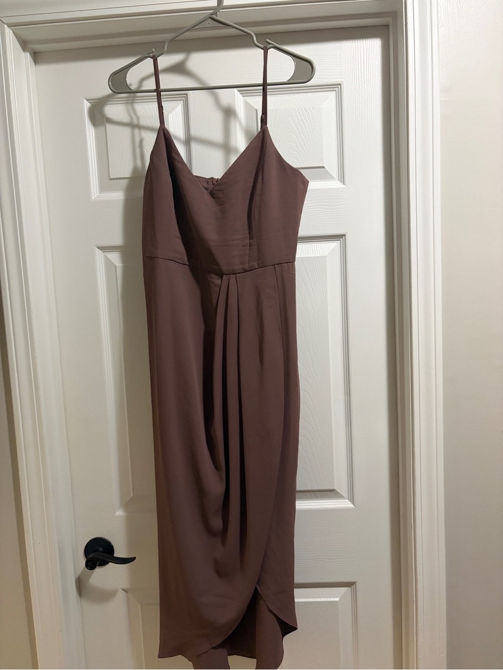 Lulu's Mauve-Brown Draped Midi Dress with Spaghetti Straps